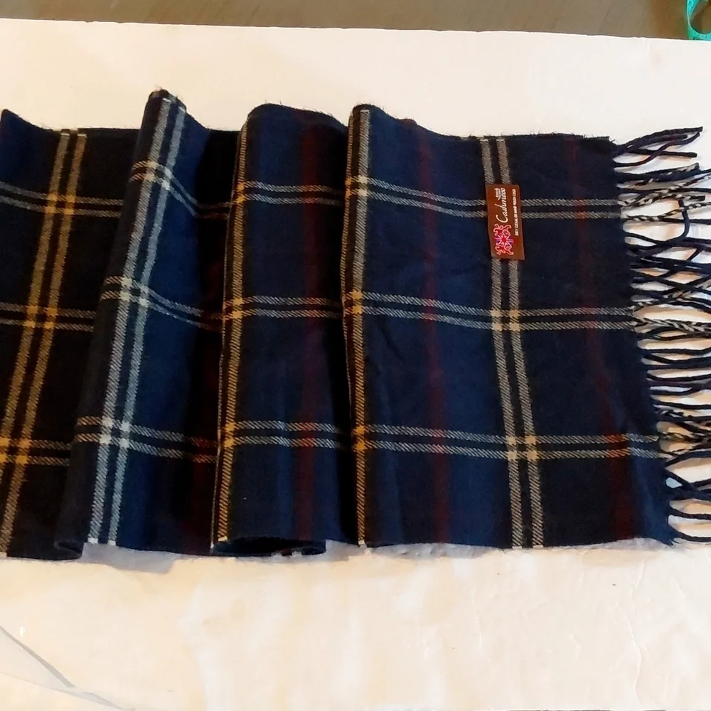 Cashmere Touch Neutral Navy Blue/ Burgundy Plaid Fringe Scarf Dress Preppy New!